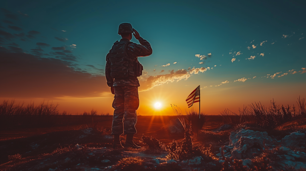 An American soldier saluting a flag, sunrise in background